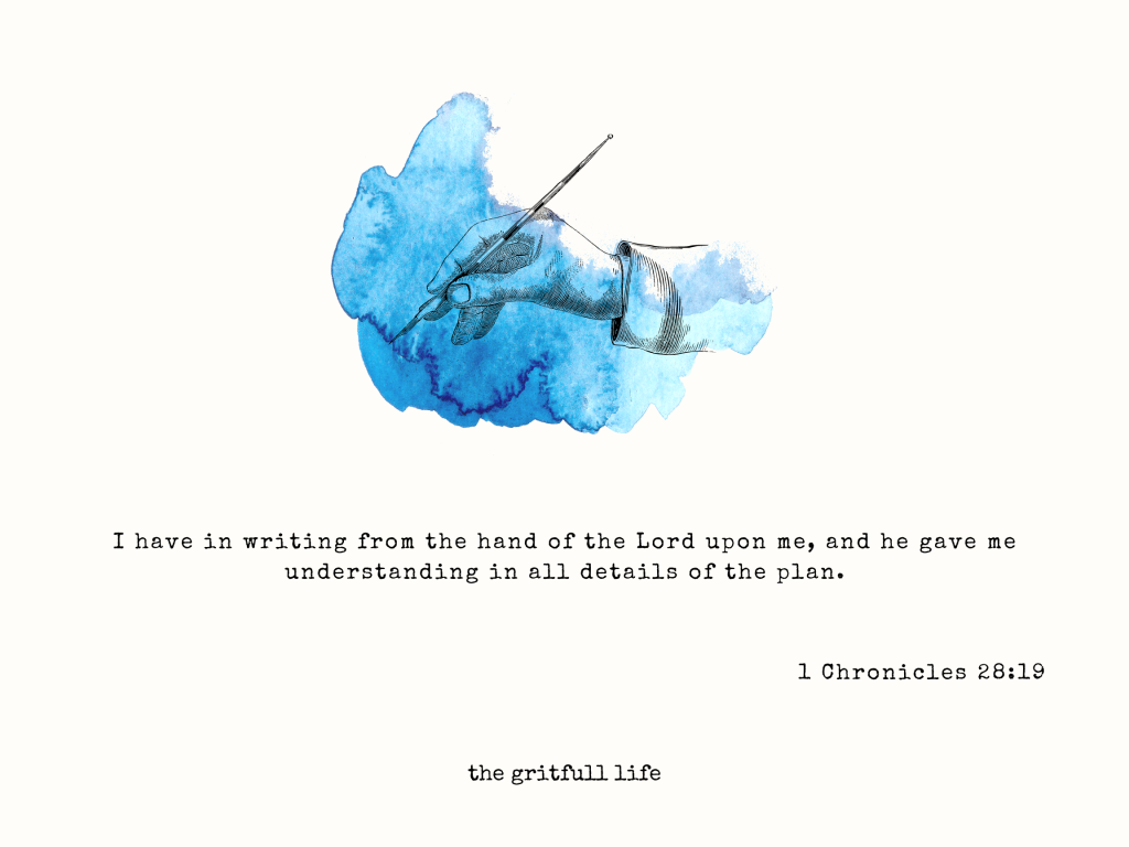 1 Chronicles 28:19 blue watercolor mark with a hand holding a stylus